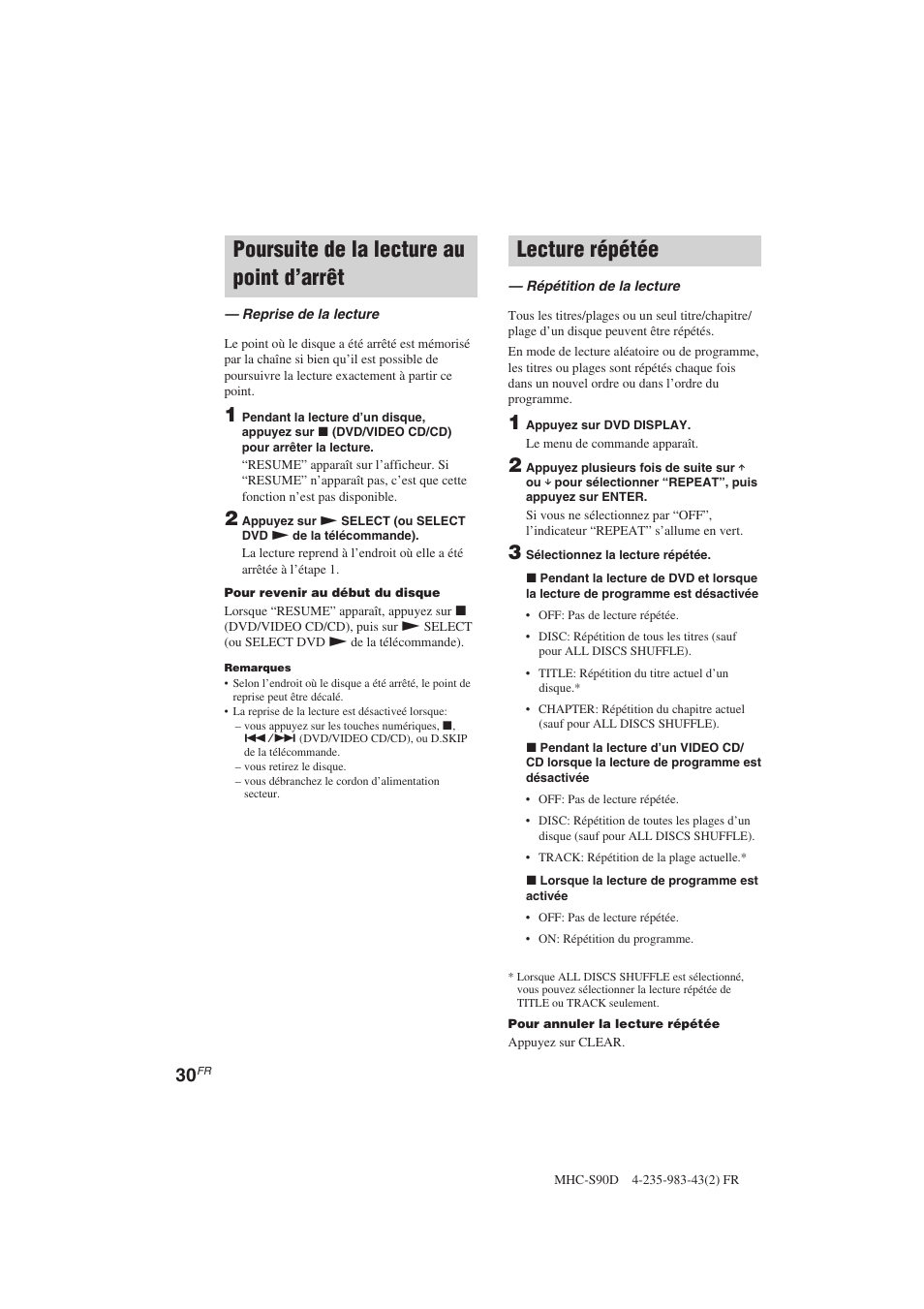 Poursuite de la lecture au point d’arrêt, Lecture répétée | Sony MHC-S90D User Manual | Page 106 / 228