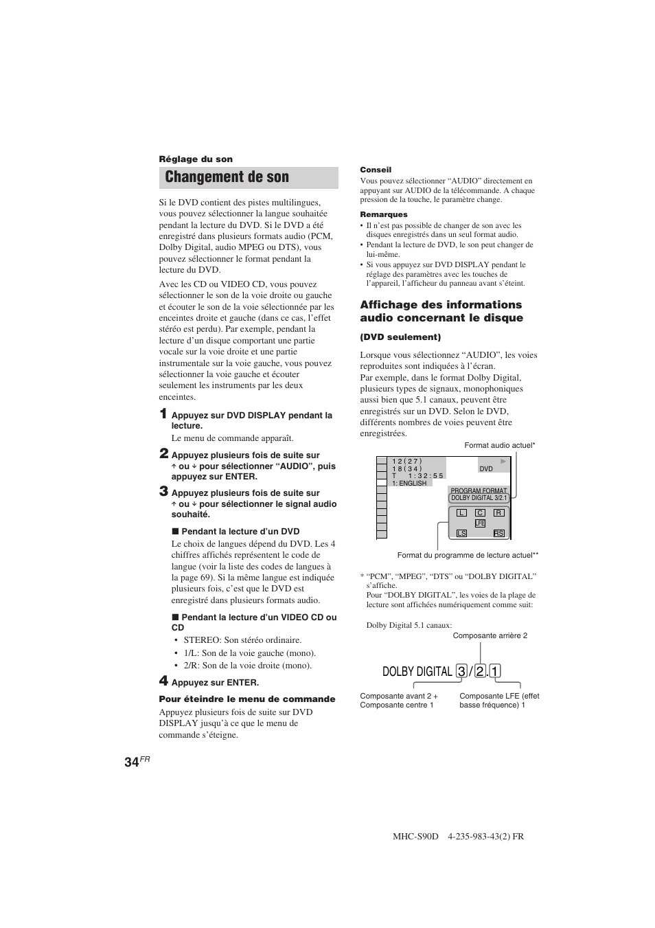 Changement de son, Dolby digital 3 / 2 | Sony MHC-S90D User Manual | Page 110 / 228
