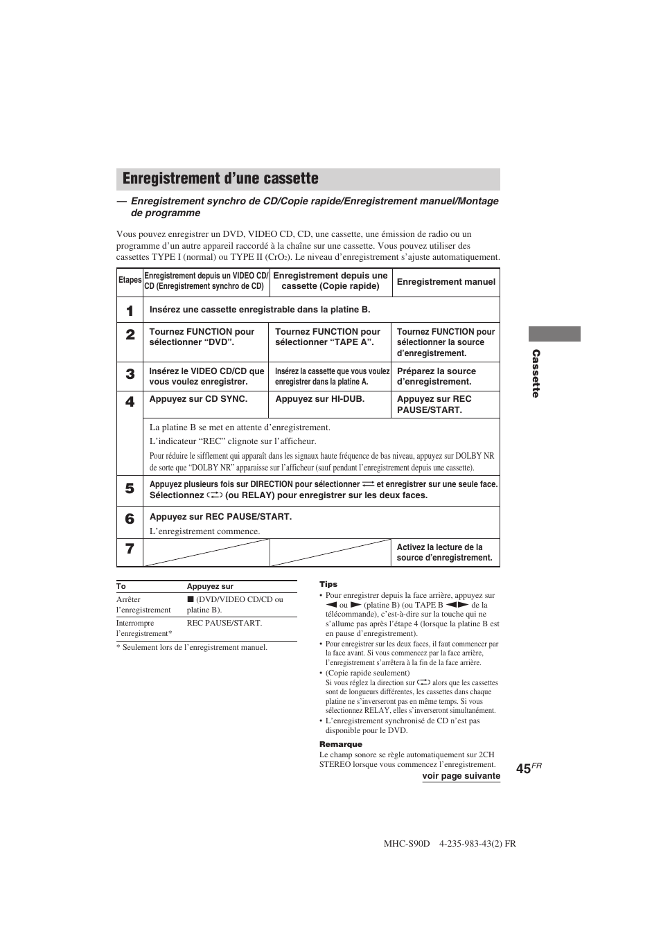 Enregistrement d’une cassette | Sony MHC-S90D User Manual | Page 121 / 228