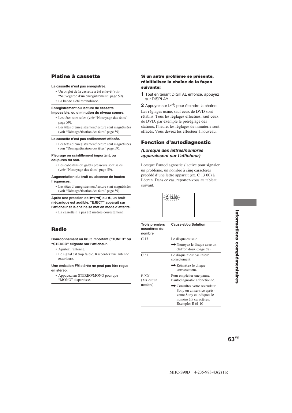 Fonction d’autodiagnostic, Platine à cassette, Radio | Sony MHC-S90D User Manual | Page 139 / 228