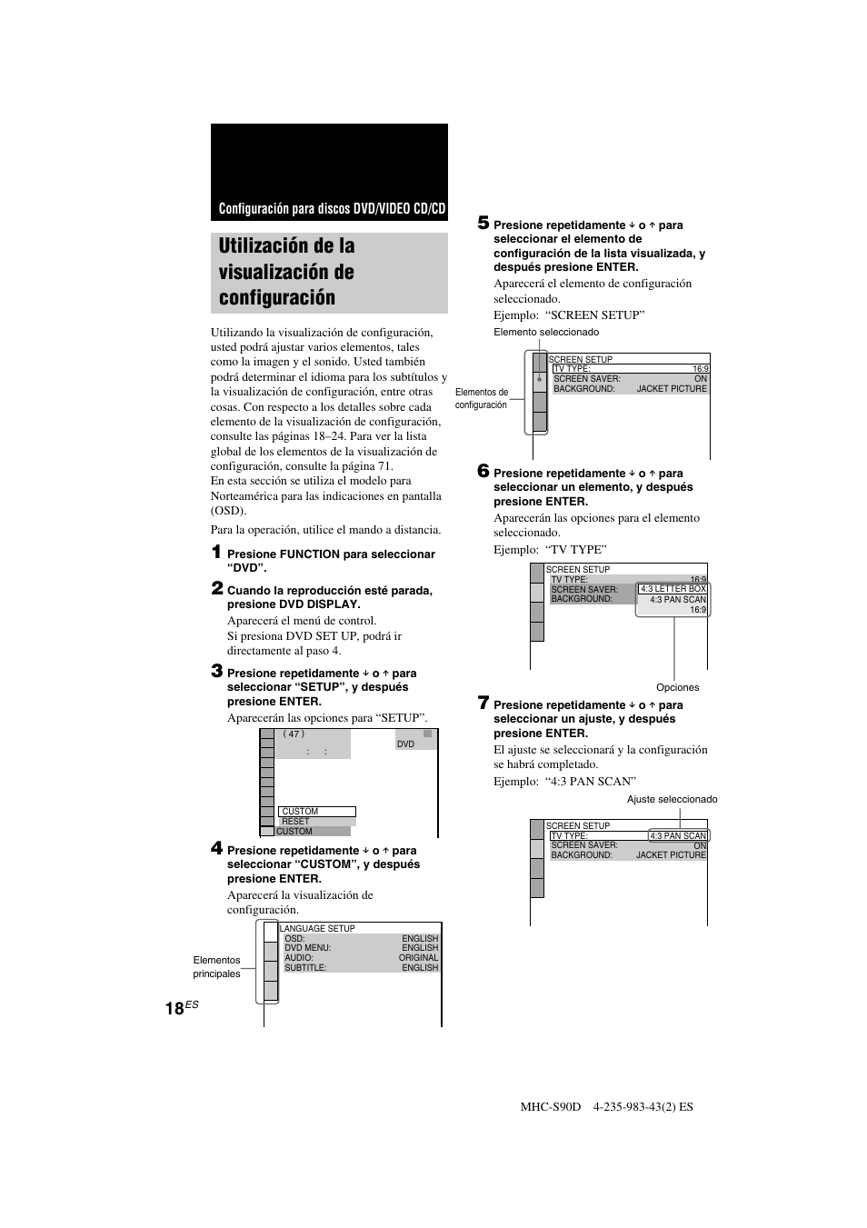 Utilización de la visualización de configuración, Configuración para discos dvd/video cd/cd | Sony MHC-S90D User Manual | Page 170 / 228