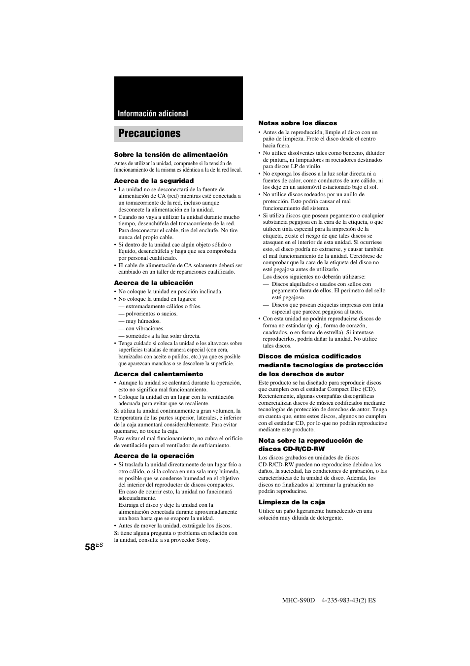 Precauciones, Información adicional | Sony MHC-S90D User Manual | Page 210 / 228