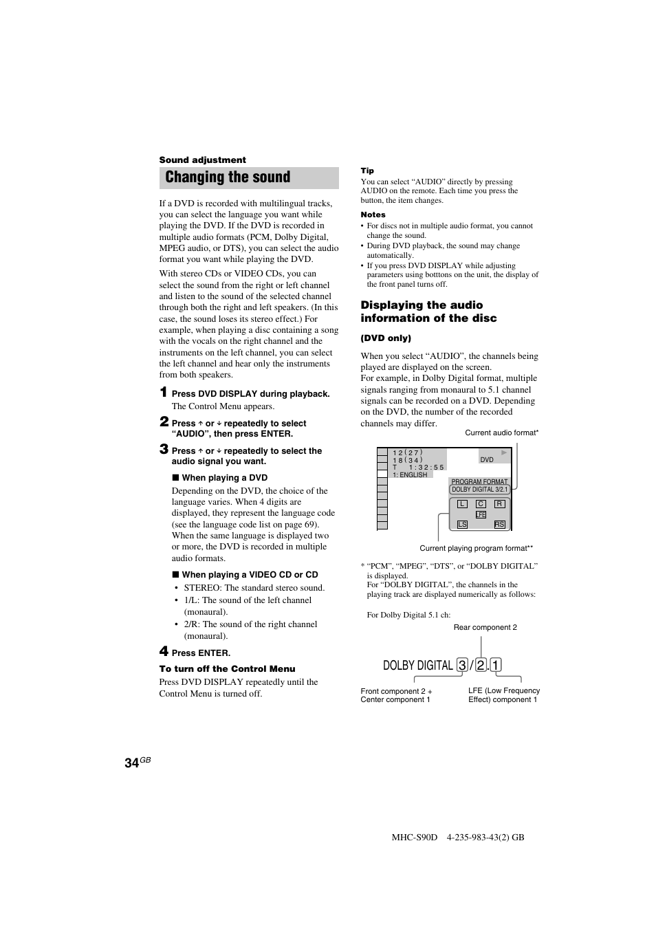 Changing the sound, Dolby digital 3 / 2 | Sony MHC-S90D User Manual | Page 34 / 228
