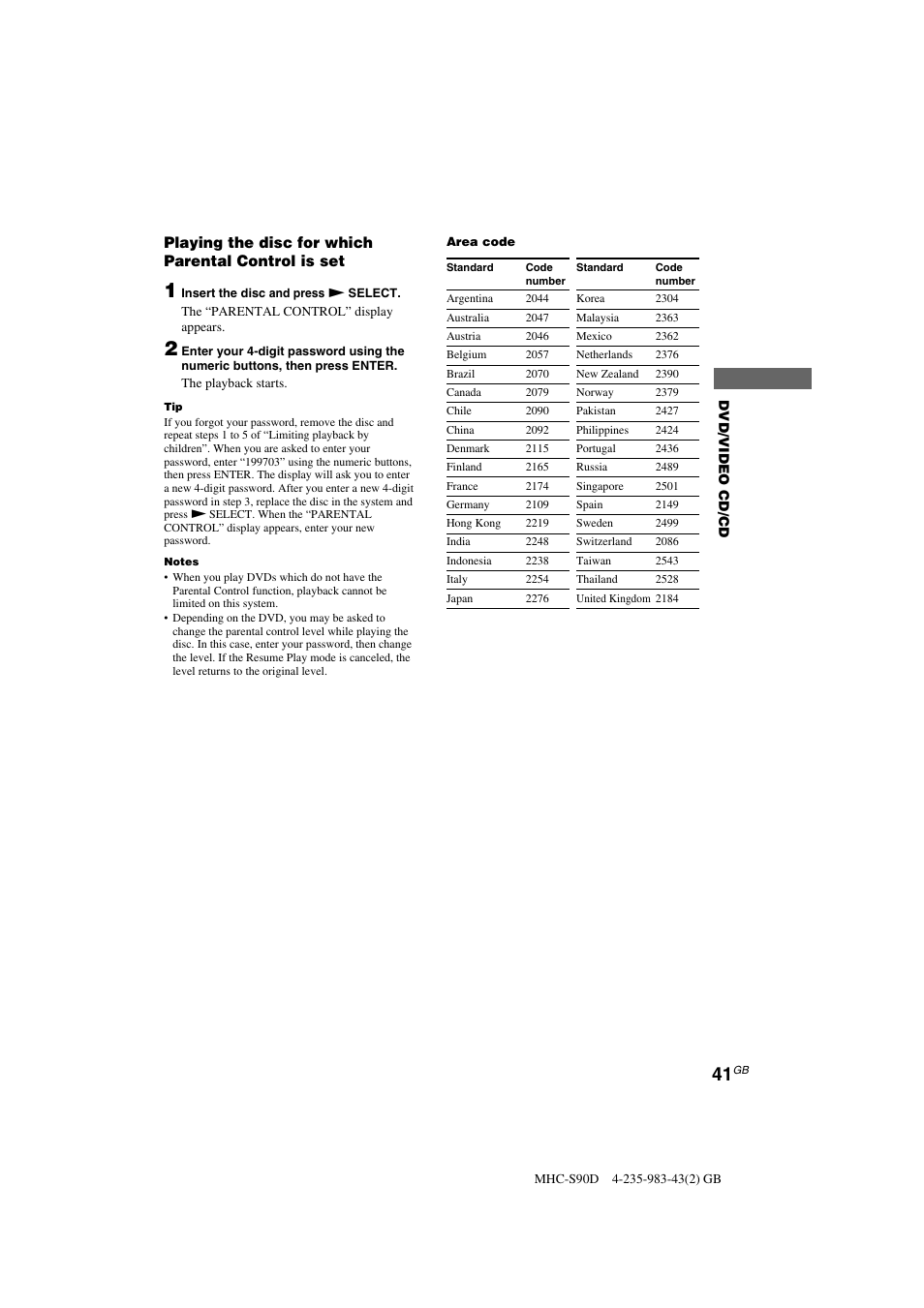 Playing the disc for which parental control is set | Sony MHC-S90D User Manual | Page 41 / 228