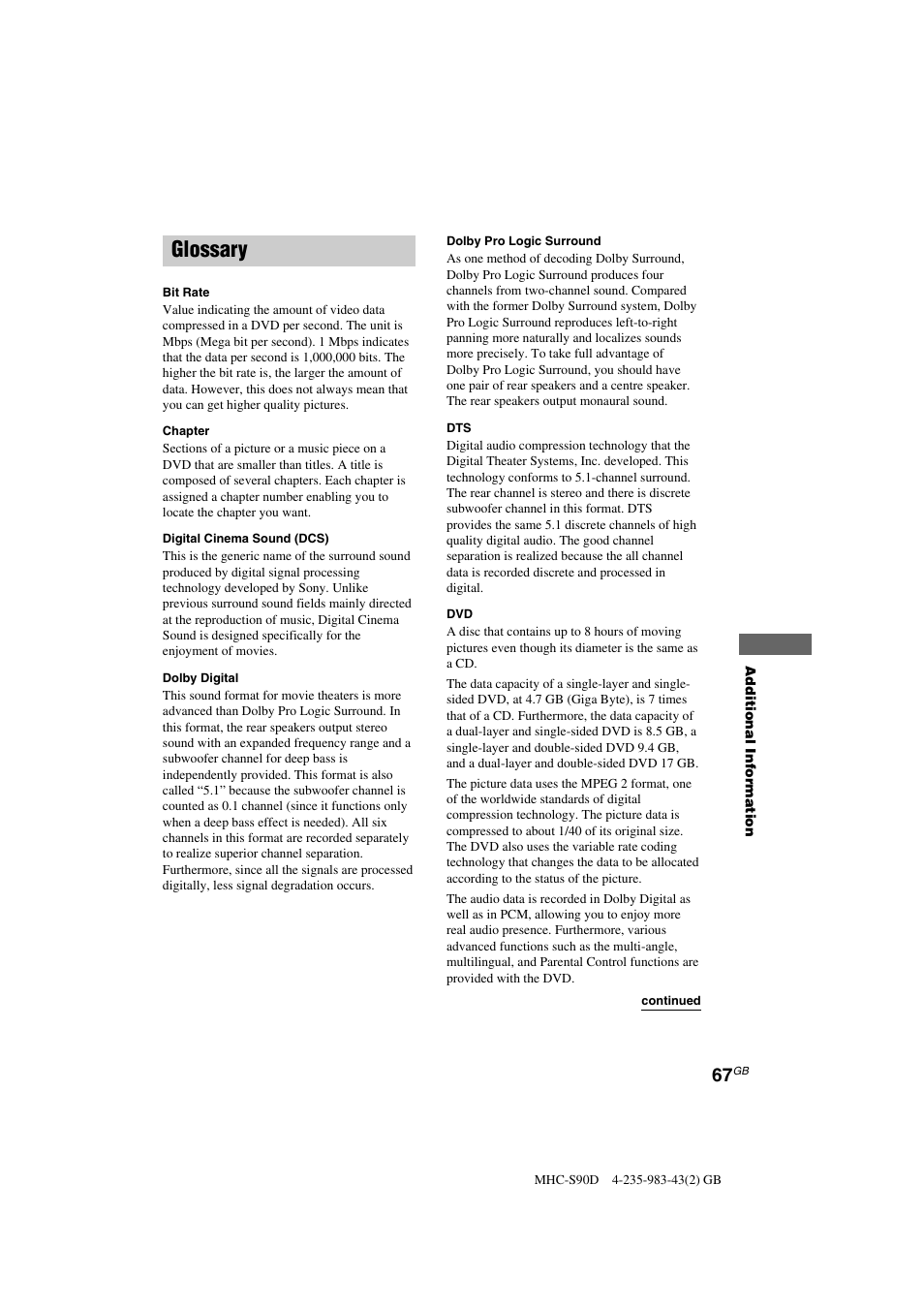 Glossary | Sony MHC-S90D User Manual | Page 67 / 228