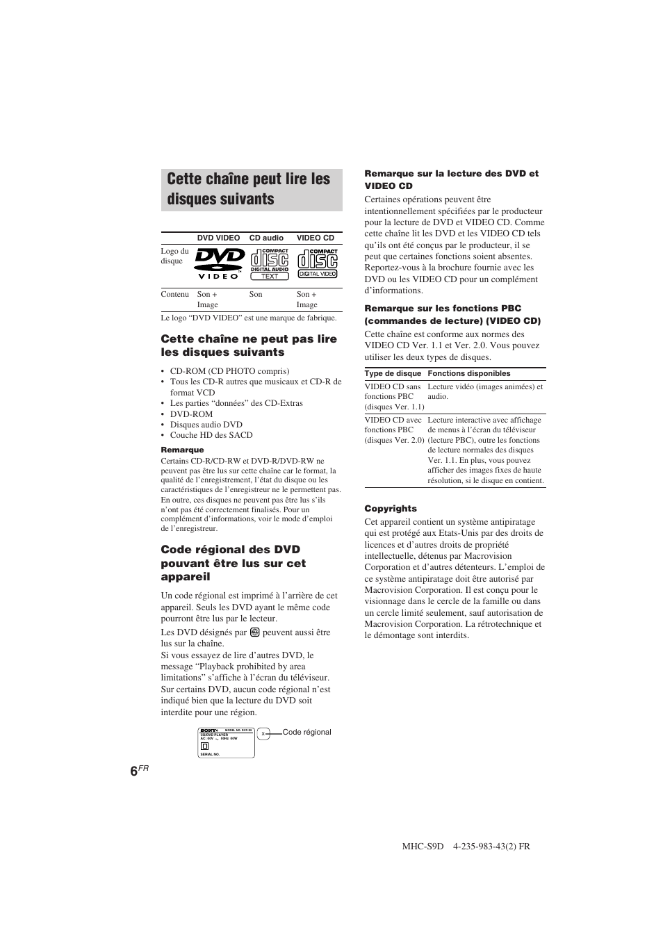 Cette chaîne peut lire les disques suivants, Cette chaîne ne peut pas lire les disques suivants | Sony MHC-S90D User Manual | Page 82 / 228