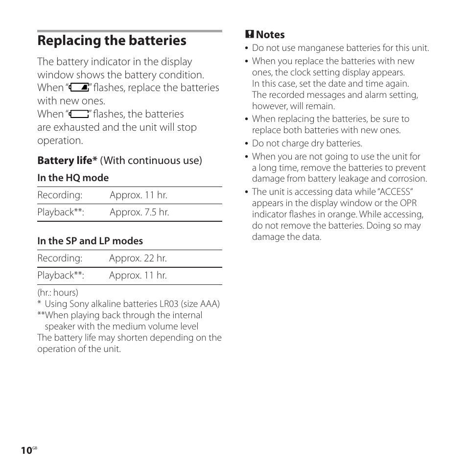 Replacing the batteries | Sony ICD-P520 User Manual | Page 10 / 56