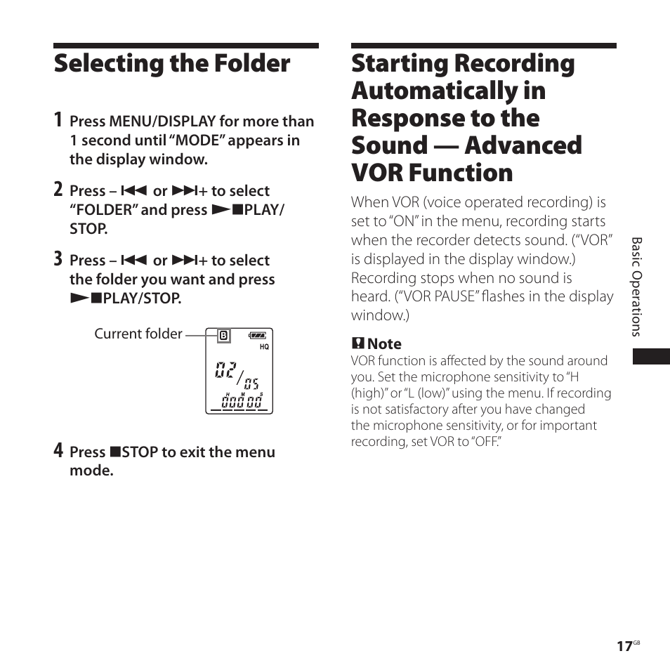 Selecting the folder, In response to the sound, Advanced vor function | Sony ICD-P520 User Manual | Page 17 / 56
