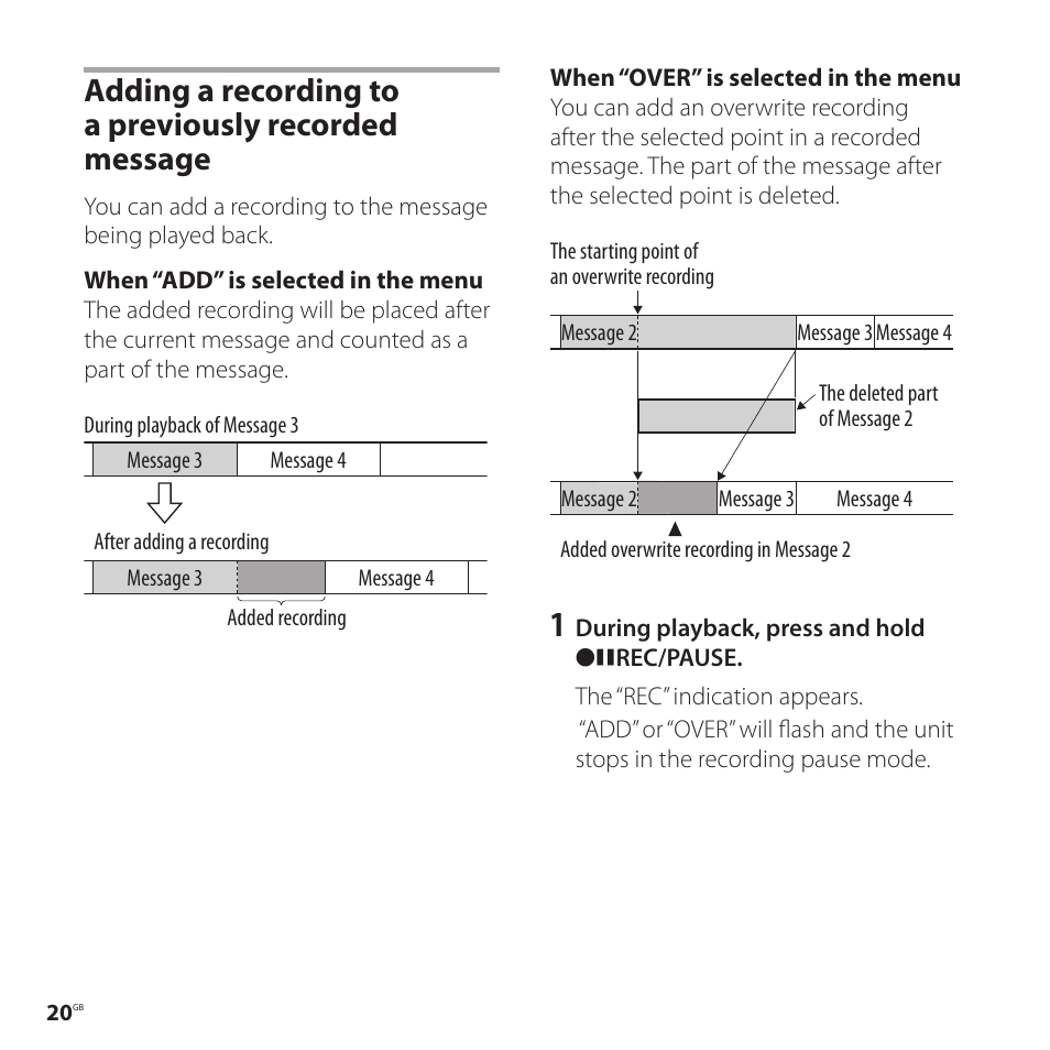 Adding a recording to a previously, Recorded message | Sony ICD-P520 User Manual | Page 20 / 56