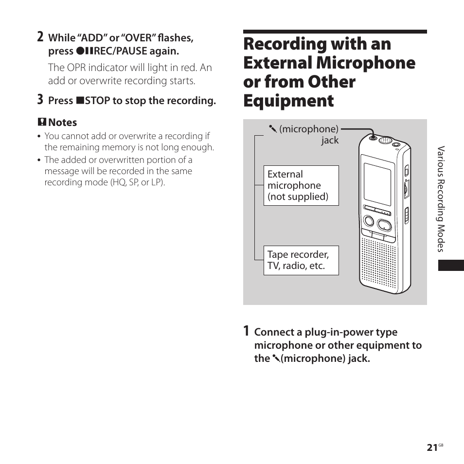 Recording with an external, Microphone or from other, Equipment | Sony ICD-P520 User Manual | Page 21 / 56