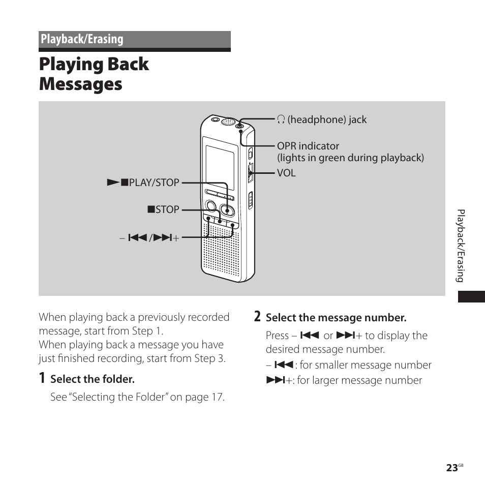 Playback/erasing, Playing back messages | Sony ICD-P520 User Manual | Page 23 / 56
