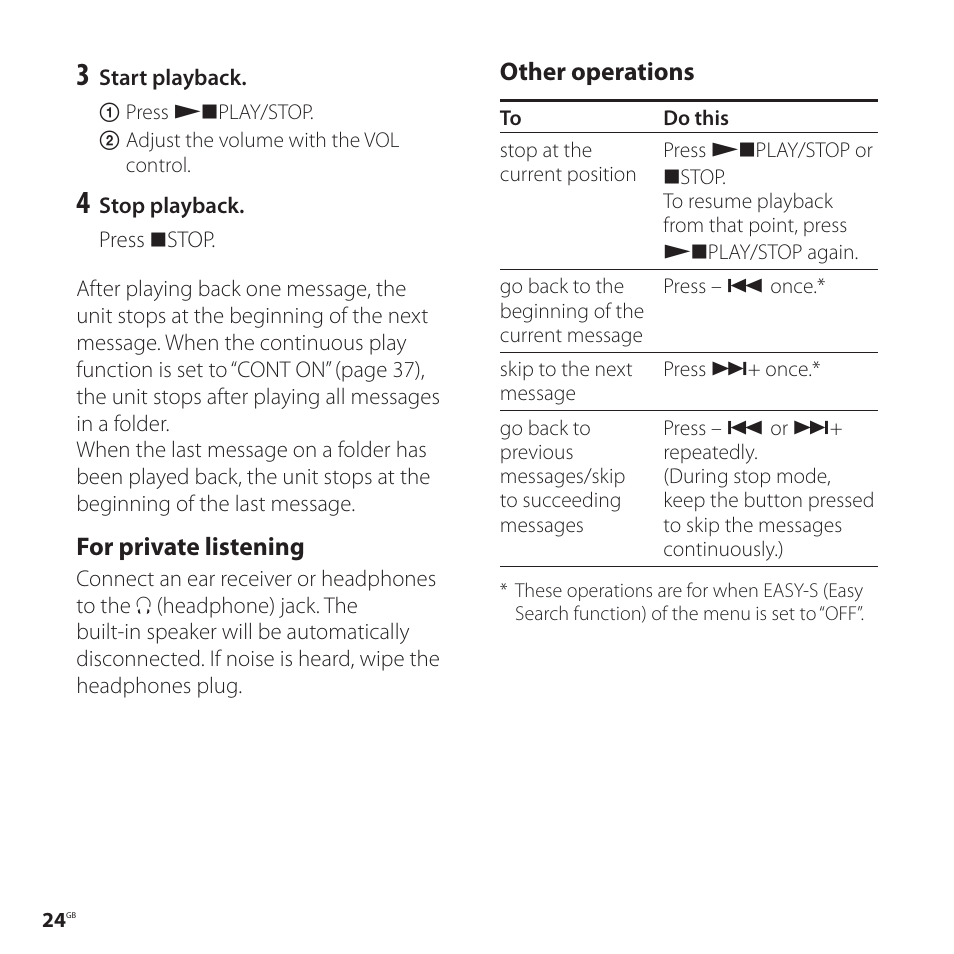 For private listening, Other operations | Sony ICD-P520 User Manual | Page 24 / 56