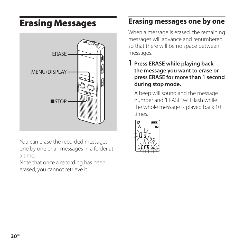 Erasing messages, Erasing messages one by one | Sony ICD-P520 User Manual | Page 30 / 56