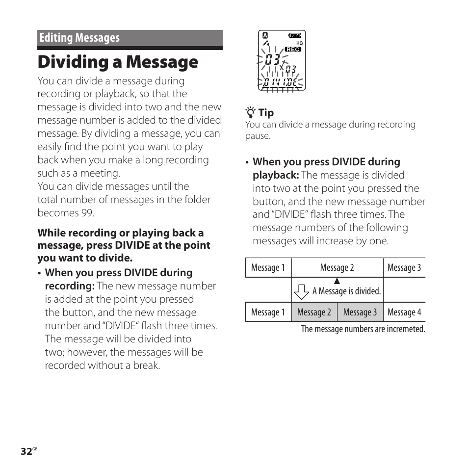 Editing messages, Dividing a message | Sony ICD-P520 User Manual | Page 32 / 56