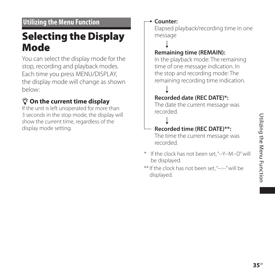 Utilizing the menu function, Selecting the display mode | Sony ICD-P520 User Manual | Page 35 / 56