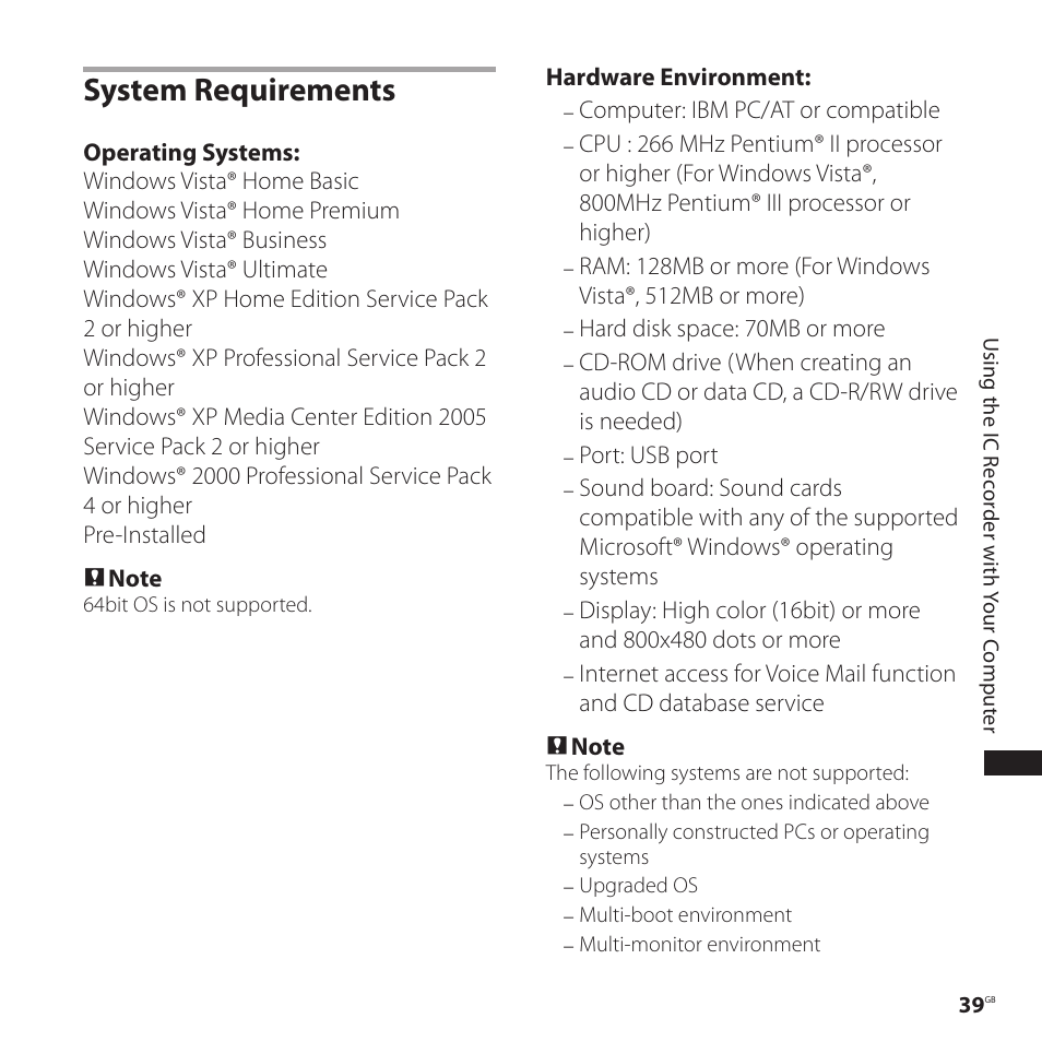 System requirements | Sony ICD-P520 User Manual | Page 39 / 56