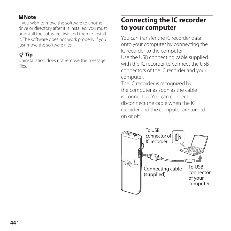 Connecting the ic recorder to your computer, Connecting the ic recorder to your, Computer | Sony ICD-P520 User Manual | Page 44 / 56
