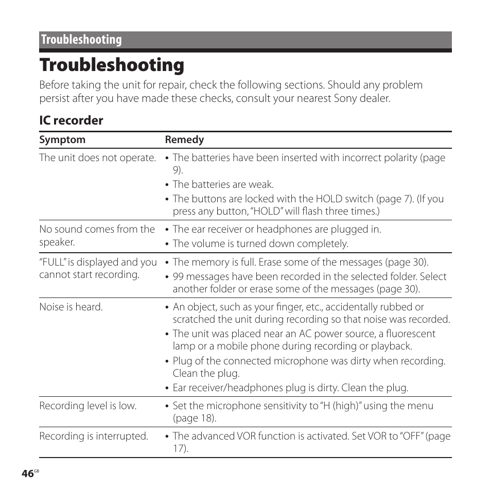 Troubleshooting, Ic recorder | Sony ICD-P520 User Manual | Page 46 / 56