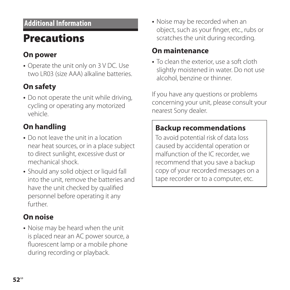 Additional information, Precautions, On power | On safety, On handling, On noise, On maintenance, Backup recommendations | Sony ICD-P520 User Manual | Page 52 / 56