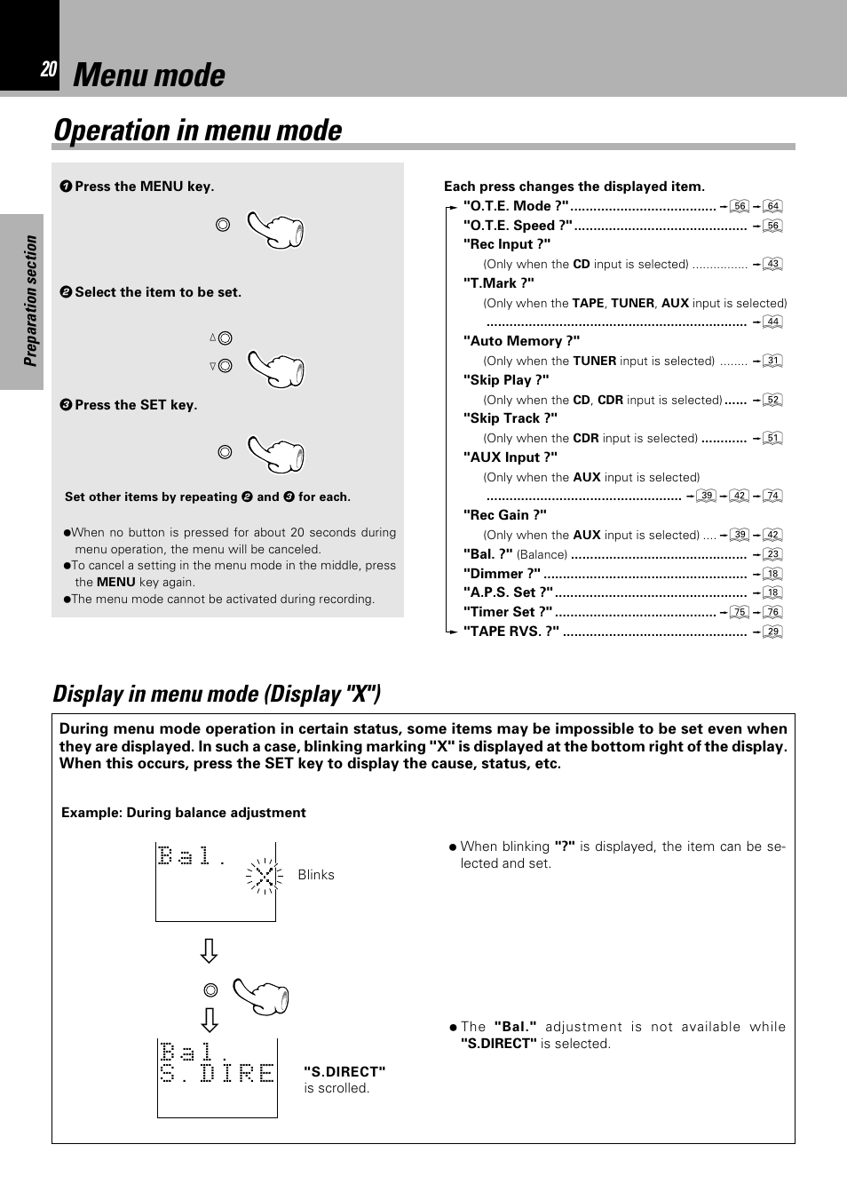 Menu mode, Operation in menu mode, Display in menu mode (display "x") | B a l, B a l . s . d i r e | Sony HM-982RW User Manual | Page 20 / 88