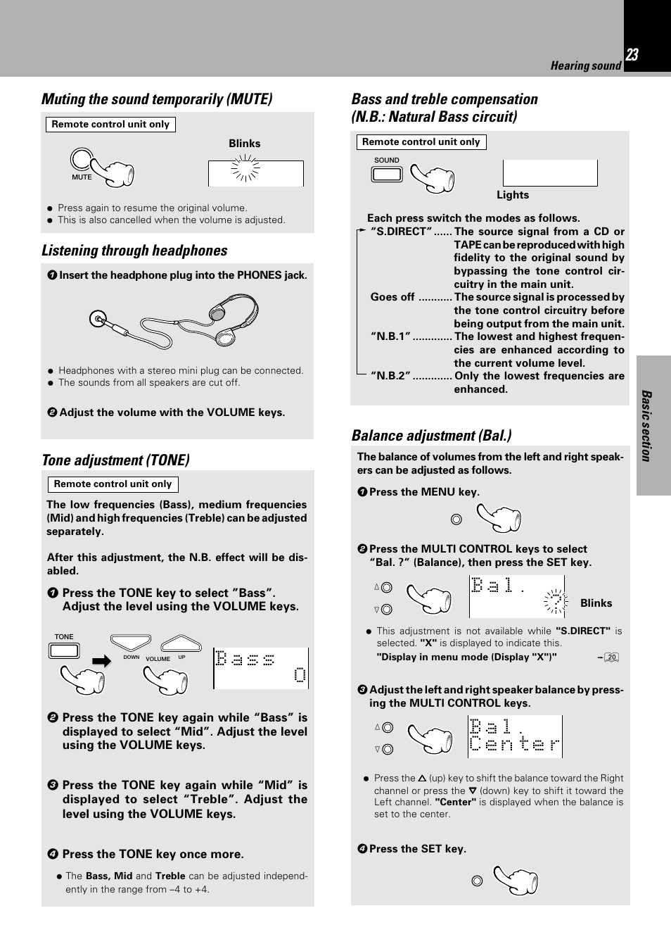 Muting the sound temporarily (mute), Listening through headphones, Balance adjustment (bal.) tone adjustment (tone) | Sony HM-982RW User Manual | Page 23 / 88