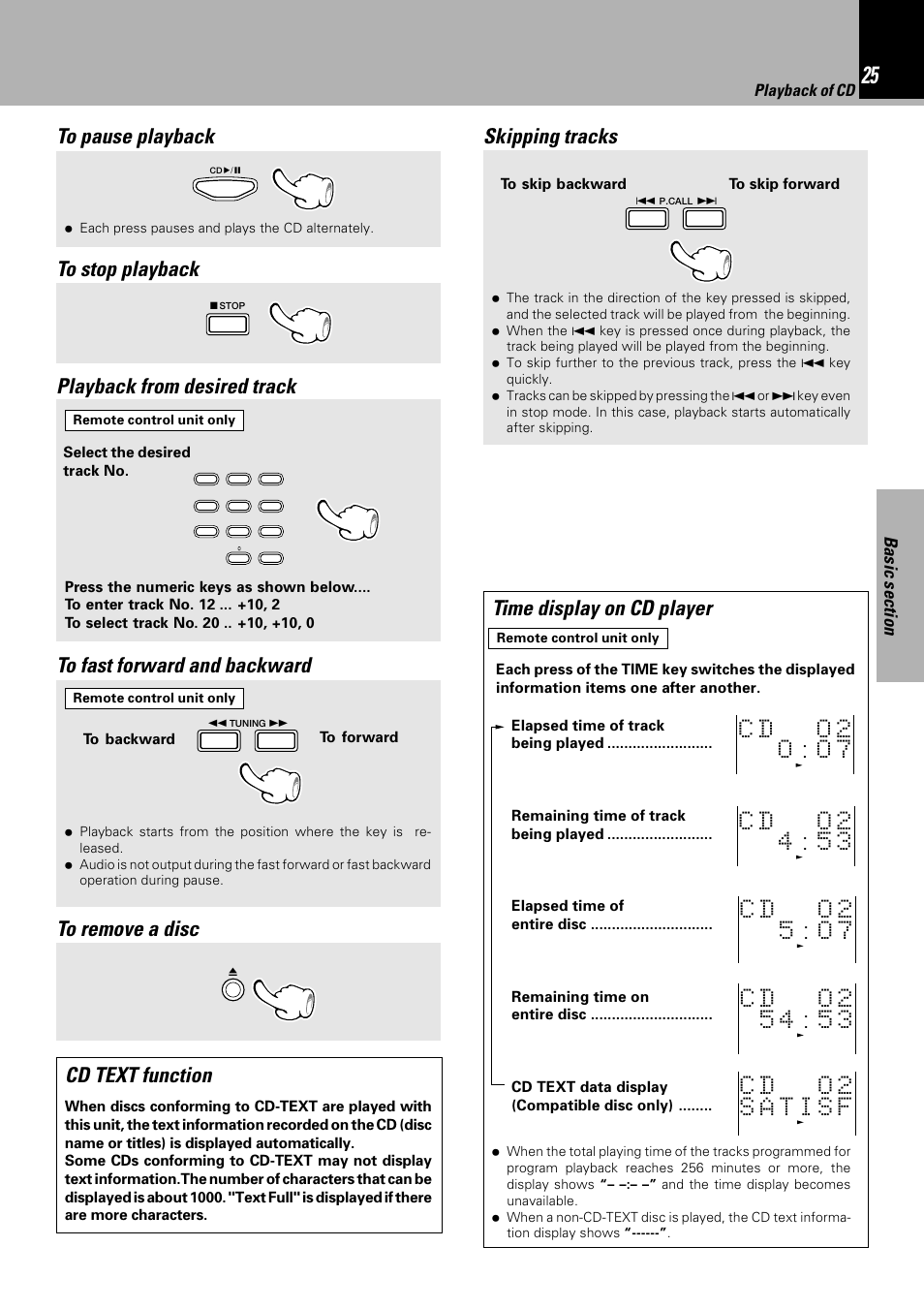 Playback from desired track, Time display on cd player, Cd text function | Sony HM-982RW User Manual | Page 25 / 88