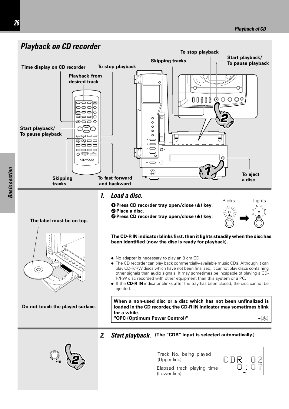 Playback on cd recorder, Load a disc, Start playback | Sony HM-982RW User Manual | Page 26 / 88