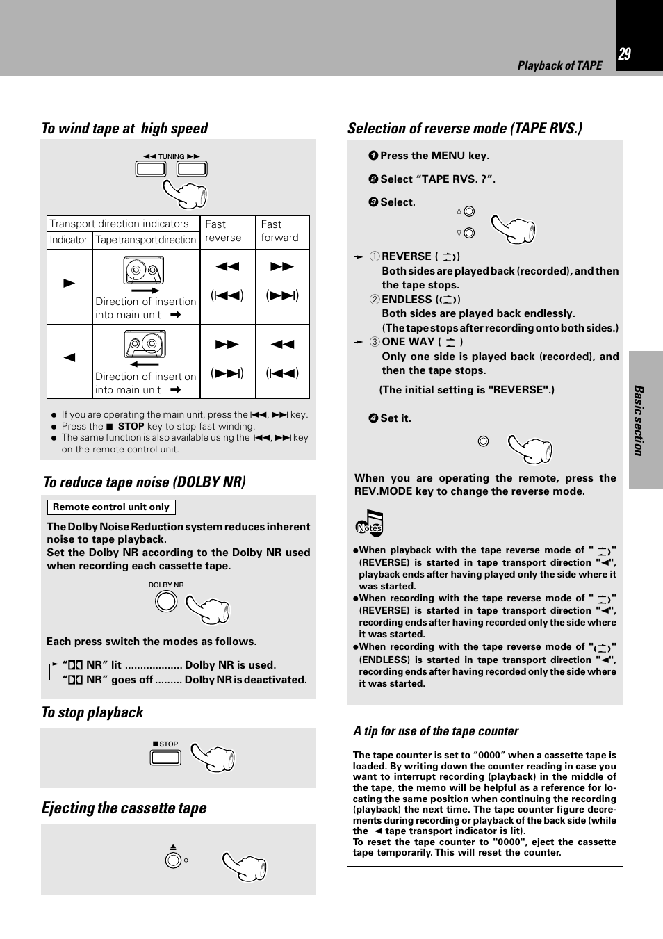 Ejecting the cassette tape, Selection of reverse mode (tape rvs.), A tip for use of the tape counter | Sony HM-982RW User Manual | Page 29 / 88