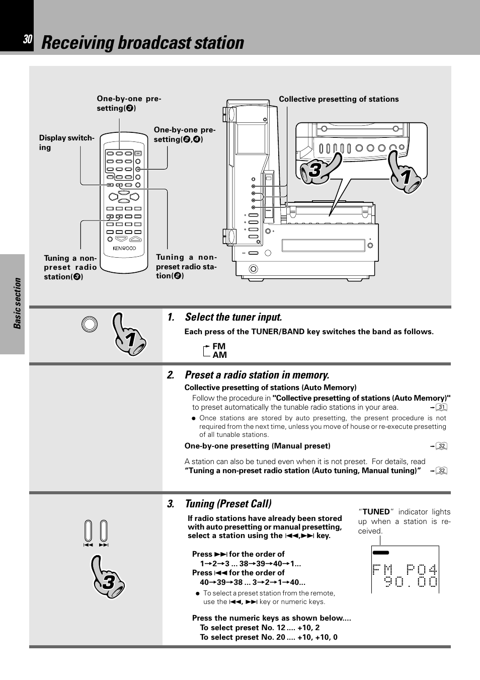 Receiving broadcast station, Select the tuner input, Tuning (preset call) | Sony HM-982RW User Manual | Page 30 / 88