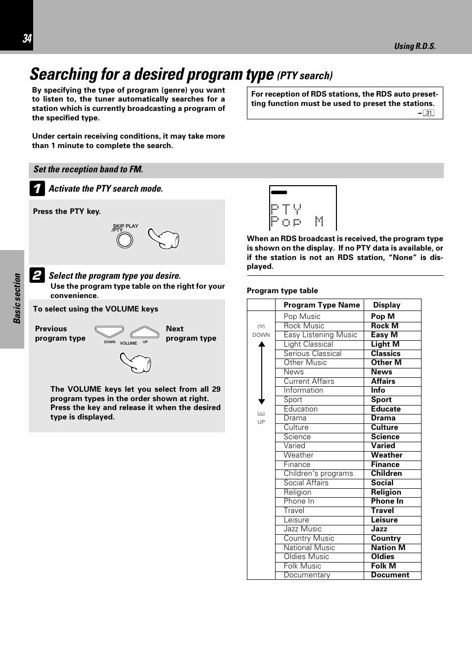 Searching for a desired program type, Pty search), Set the reception band to fm | Sony HM-982RW User Manual | Page 34 / 88