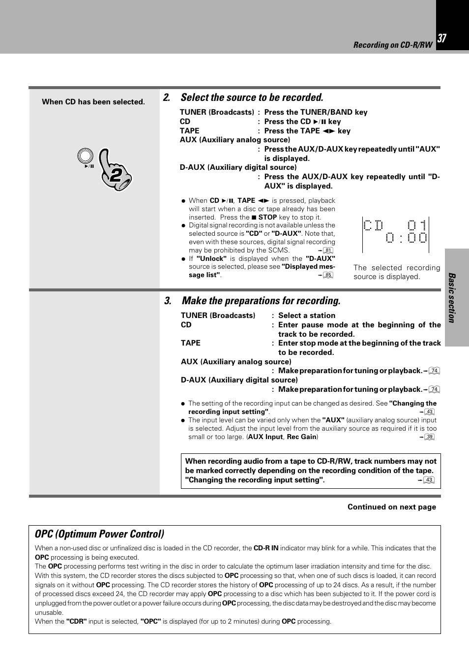 Make the preparations for recording, Select the source to be recorded, Opc (optimum power control) | Sony HM-982RW User Manual | Page 37 / 88