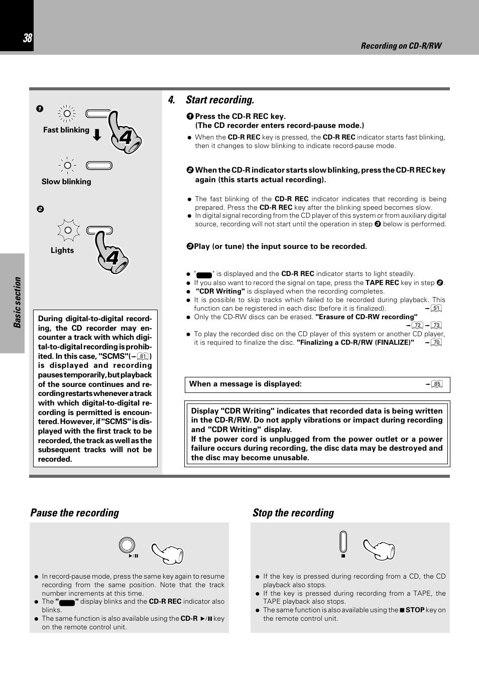 Pause the recording stop the recording, Start recording | Sony HM-982RW User Manual | Page 38 / 88