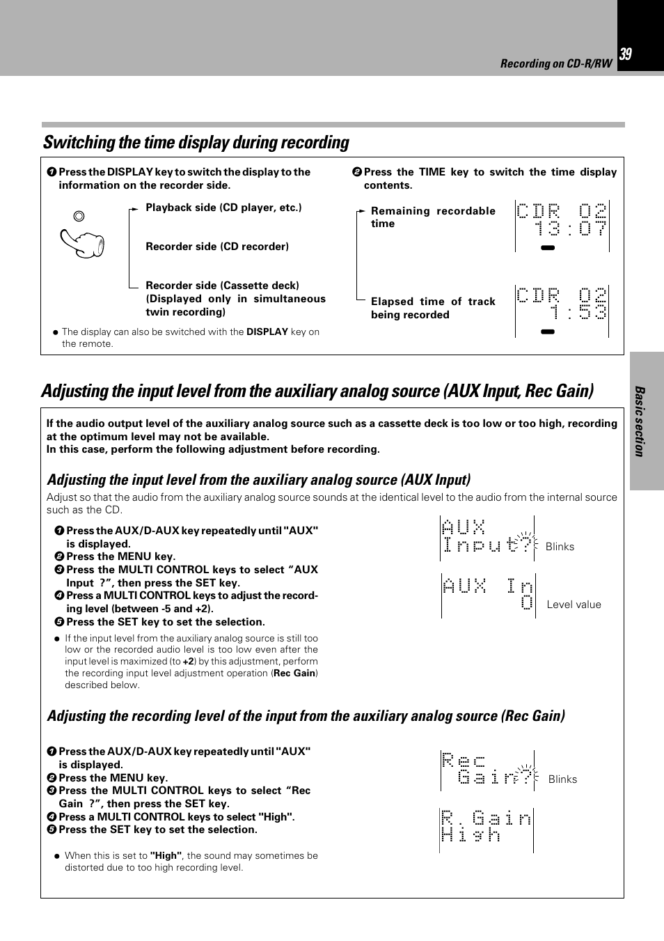 Switching the time display during recording | Sony HM-982RW User Manual | Page 39 / 88