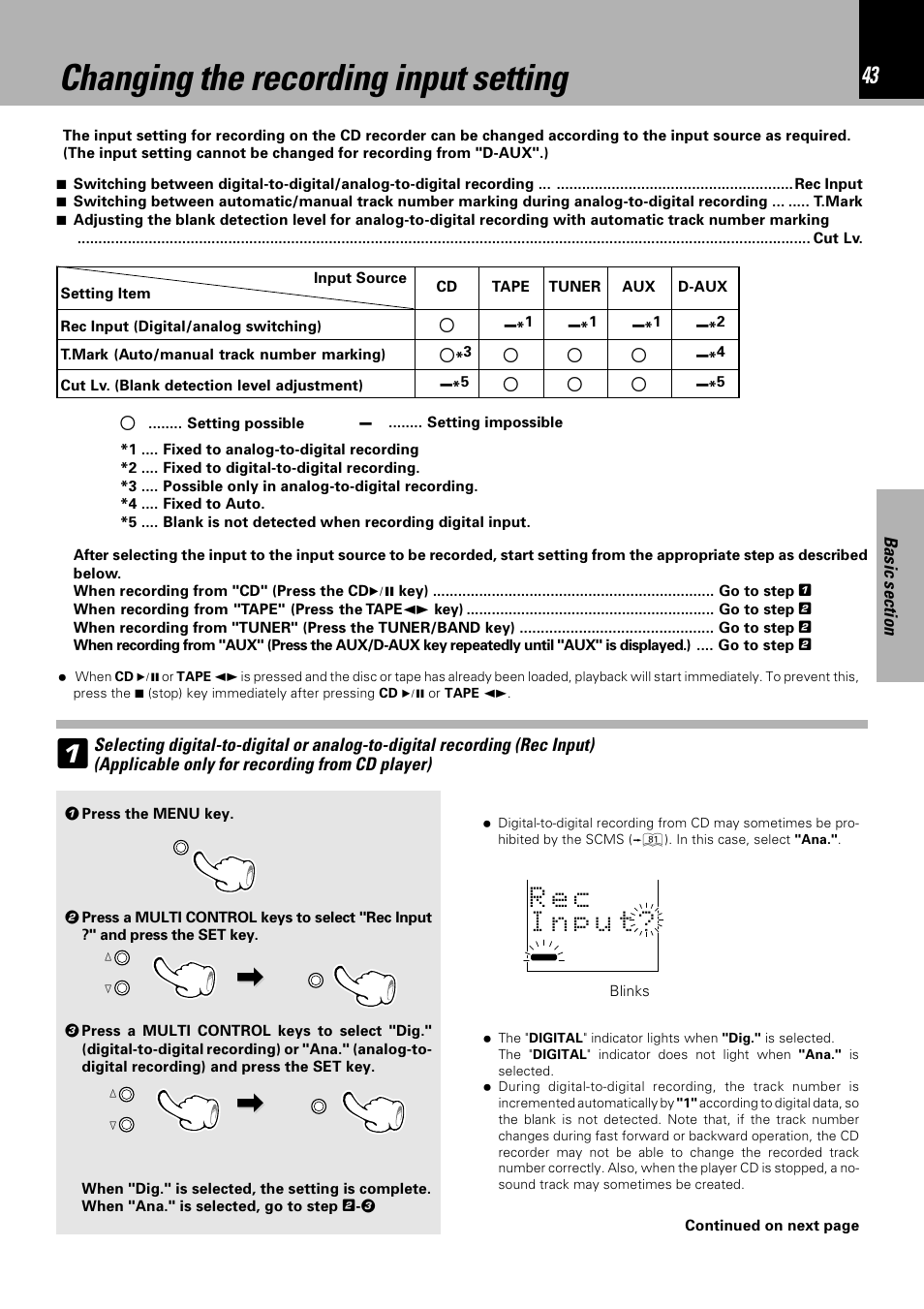 Changing the recording input setting | Sony HM-982RW User Manual | Page 43 / 88