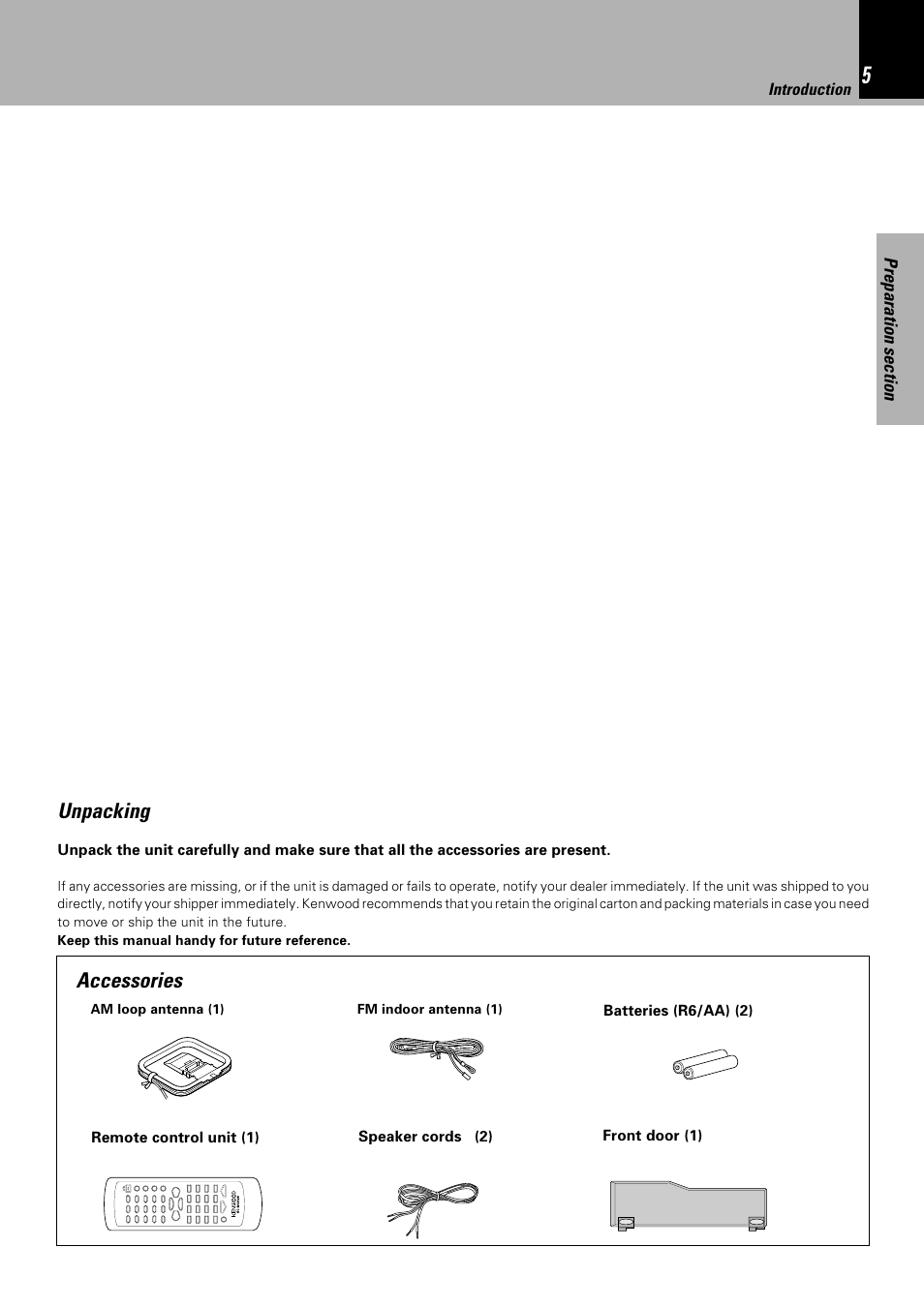 Accessories, Unpacking | Sony HM-982RW User Manual | Page 5 / 88