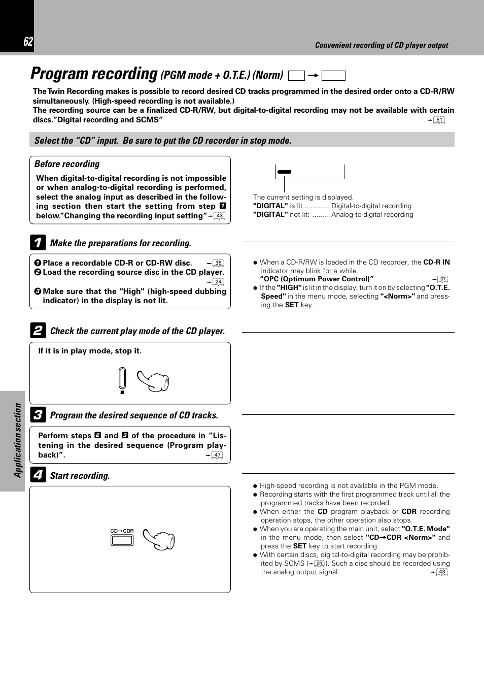 Program recording, Pgm mode + o.t.e.) (norm) | Sony HM-982RW User Manual | Page 62 / 88