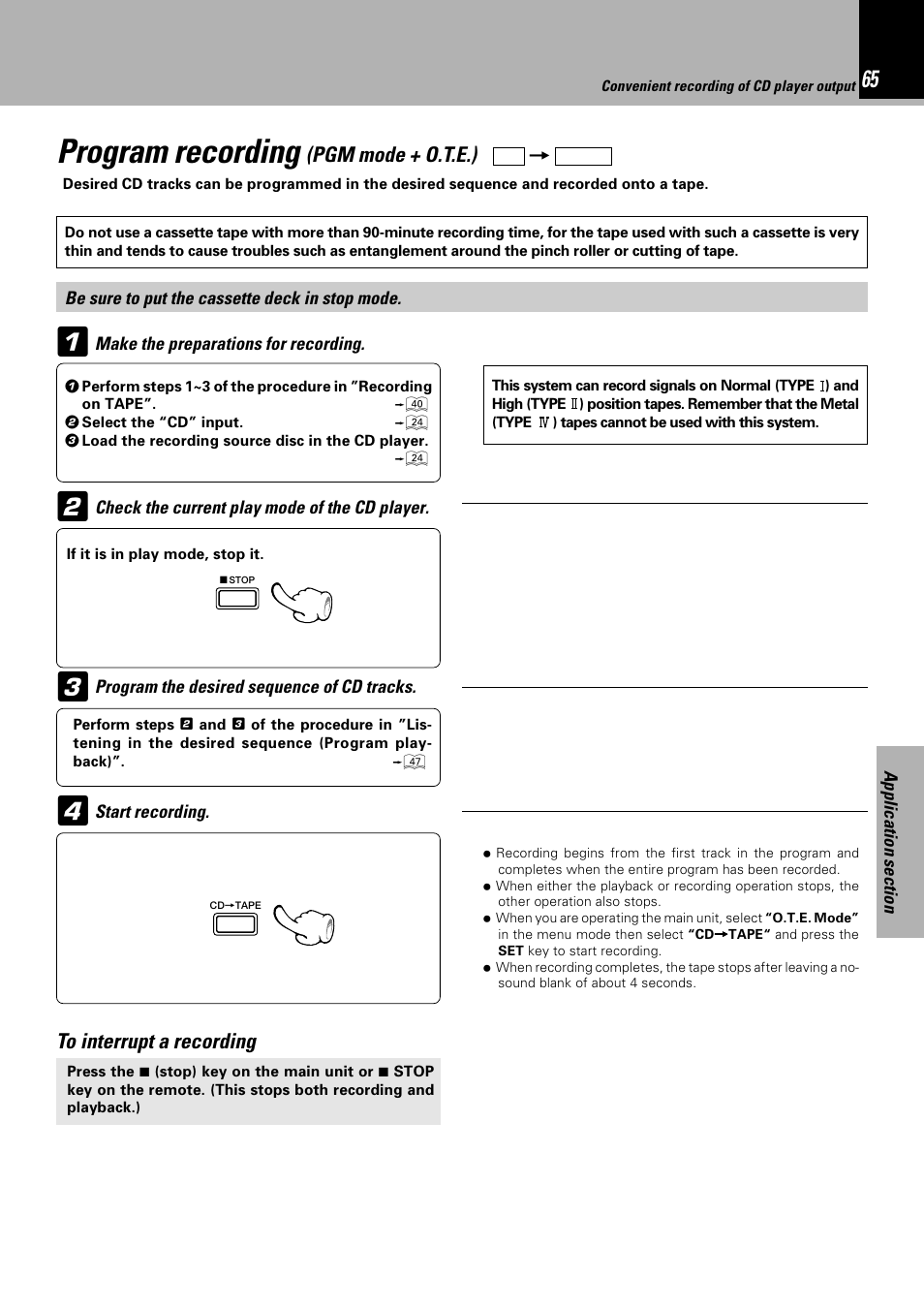Program recording, Pgm mode + o.t.e.) | Sony HM-982RW User Manual | Page 65 / 88