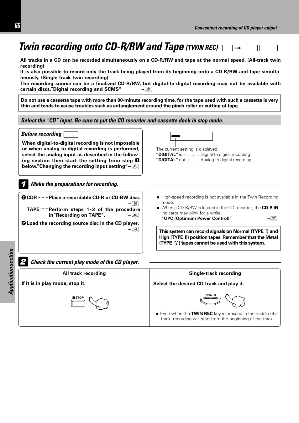 Twin recording onto cd-r/rw and tape, Twin rec) | Sony HM-982RW User Manual | Page 66 / 88