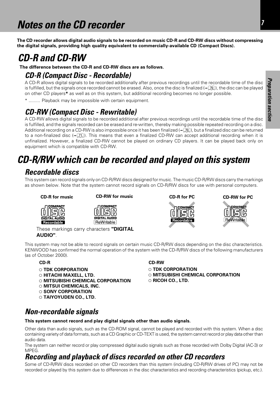 Cd-r (compact disc - recordable), Cd-rw (compact disc - rewritable), Recordable discs | Non-recordable signals | Sony HM-982RW User Manual | Page 7 / 88