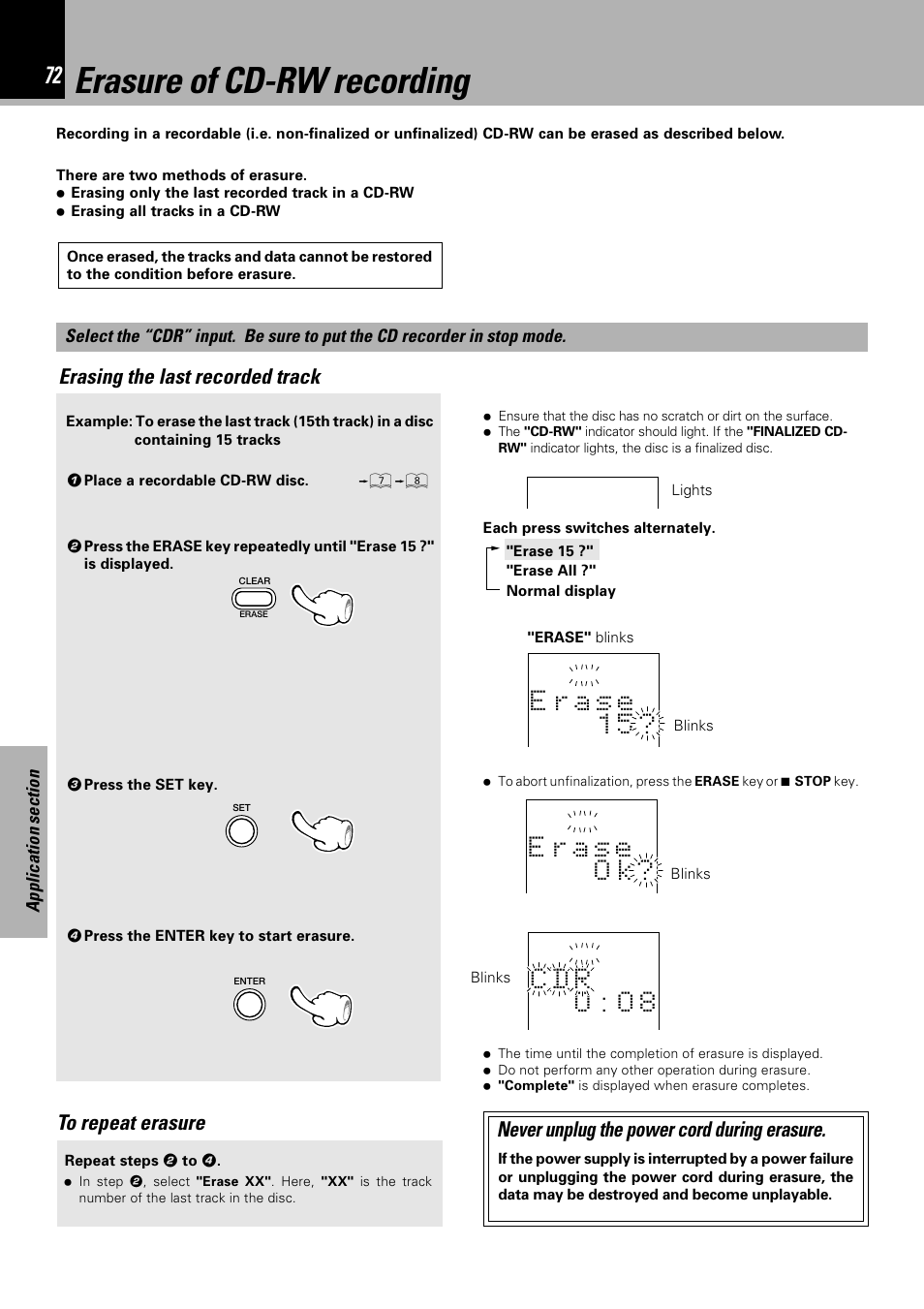 Erasure of cd-rw recording, C d r 0 : 0 8, Erasing the last recorded track | Never unplug the power cord during erasure | Sony HM-982RW User Manual | Page 72 / 88