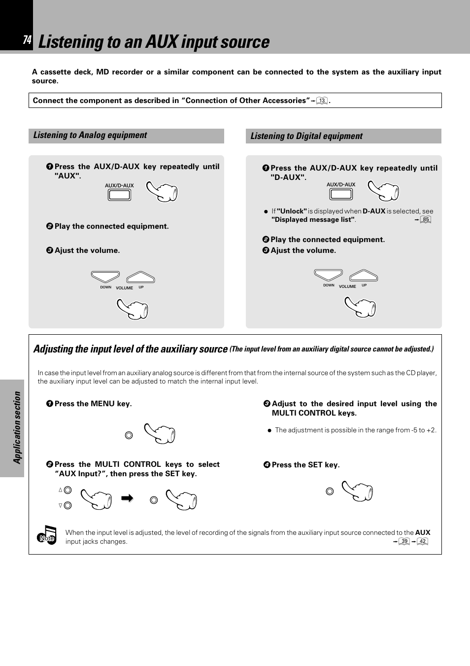 Listening to an aux input source, Adjusting the input level of the auxiliary source | Sony HM-982RW User Manual | Page 74 / 88