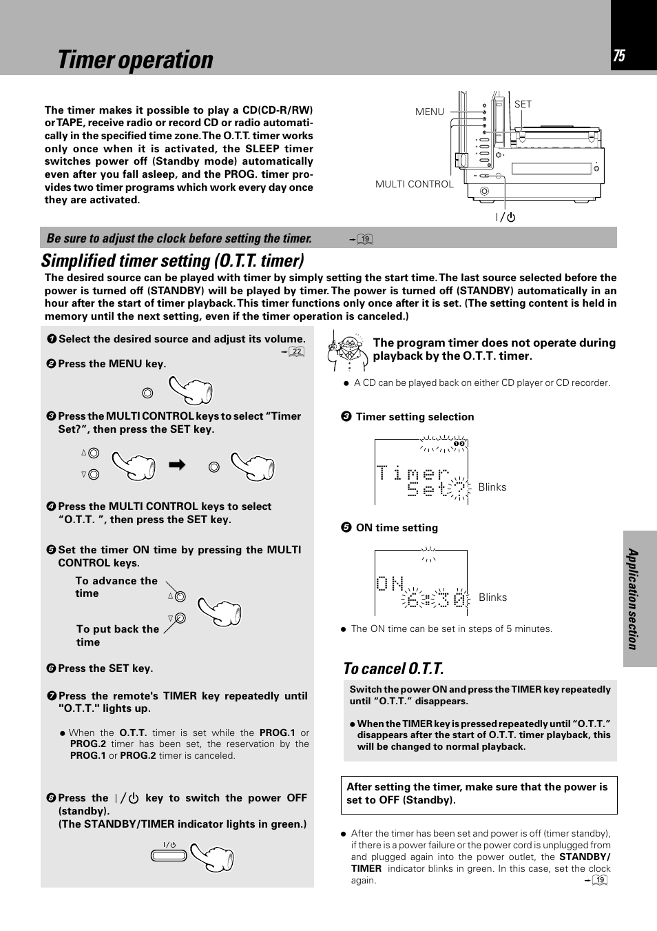 Timer operation, Simplified timer setting (o.t.t. timer), O n 6 : 3 0 | Sony HM-982RW User Manual | Page 75 / 88