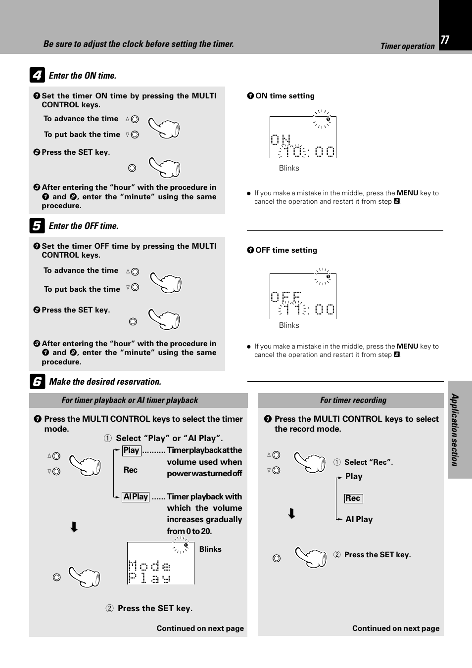 O n 1 0 : 0 0, O f f 1 1 : 0 0, Make the desired reservation | Enter the on time | Sony HM-982RW User Manual | Page 77 / 88