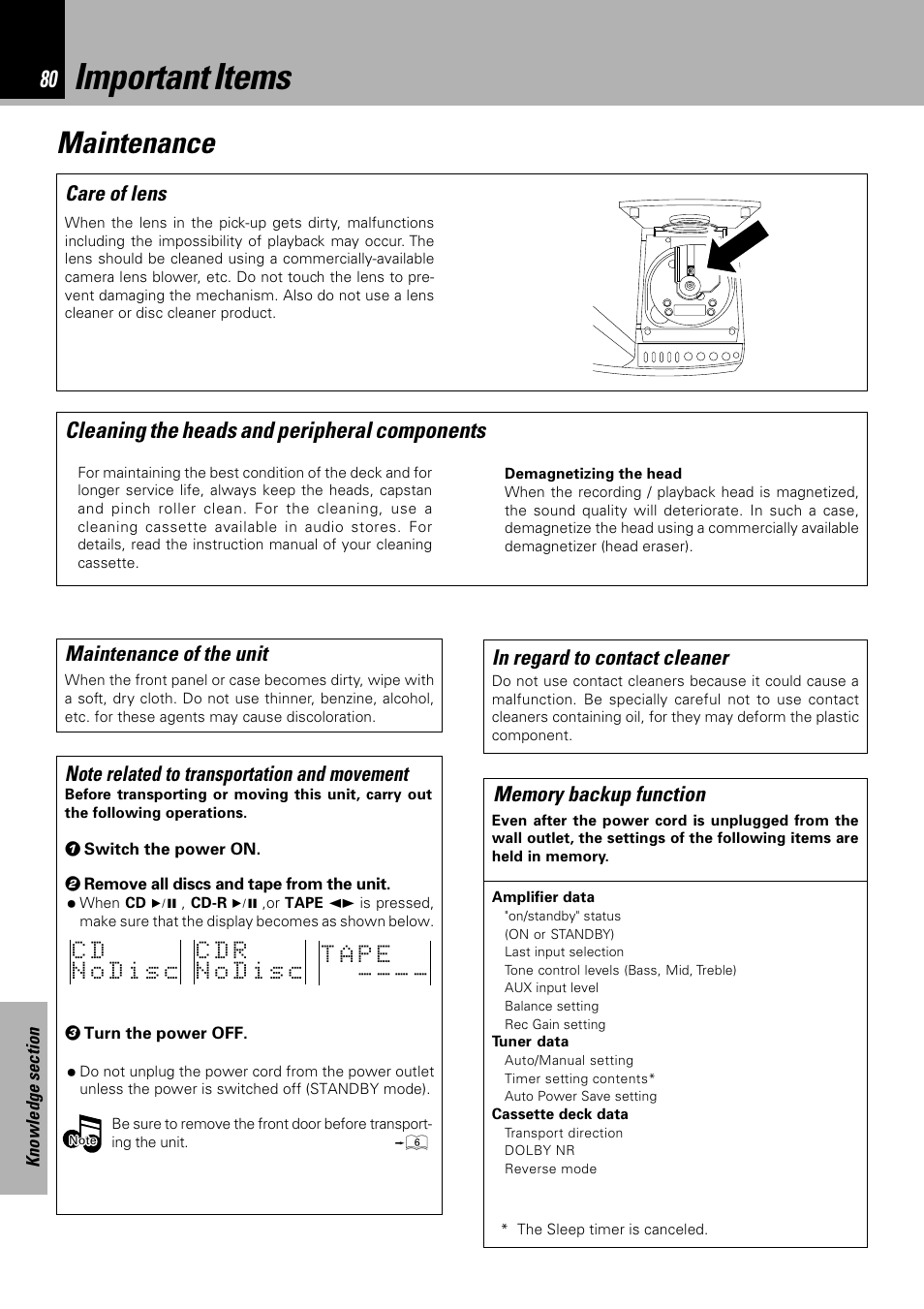 Important items, Maintenance, Cleaning the heads and peripheral components | Care of lens | Sony HM-982RW User Manual | Page 80 / 88
