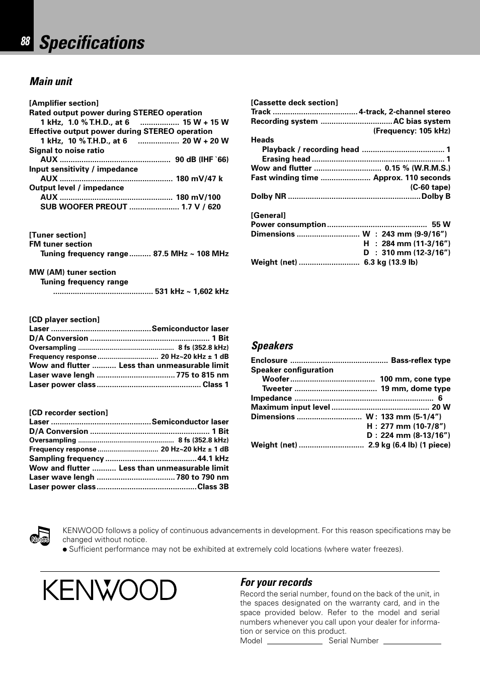 Specifications, For your records, Main unit speakers | Sony HM-982RW User Manual | Page 88 / 88