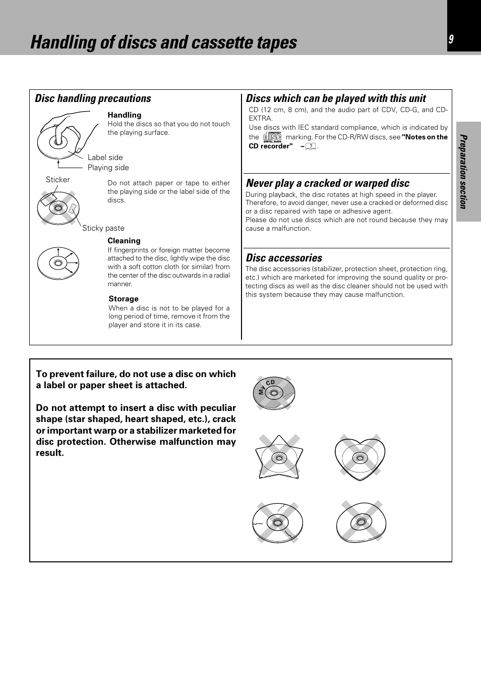 Handling of discs and cassette tapes, Discs which can be played with this unit, Disc handling precautions disc accessories | Never play a cracked or warped disc | Sony HM-982RW User Manual | Page 9 / 88