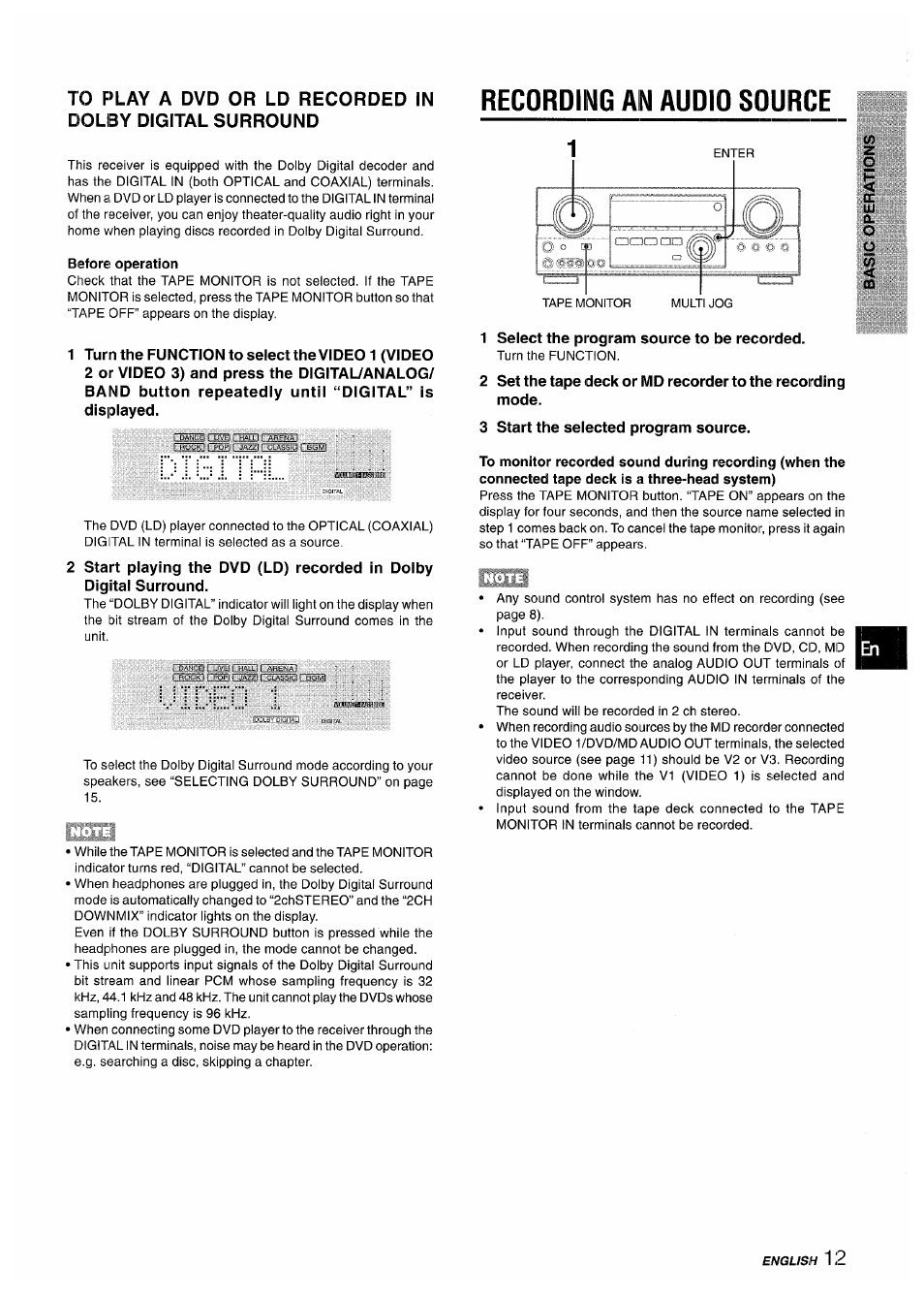 Recording an audio source | Sony AV-DV75 User Manual | Page 13 / 72
