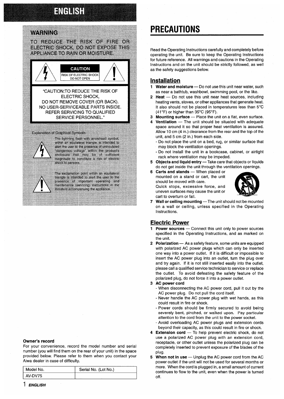 Warning, Precautions, Installation | Owner’s record, Electric power, 3 ac power cord, Ip|psié|||iii|j|hii^bi!îpi5iî | Sony AV-DV75 User Manual | Page 2 / 72