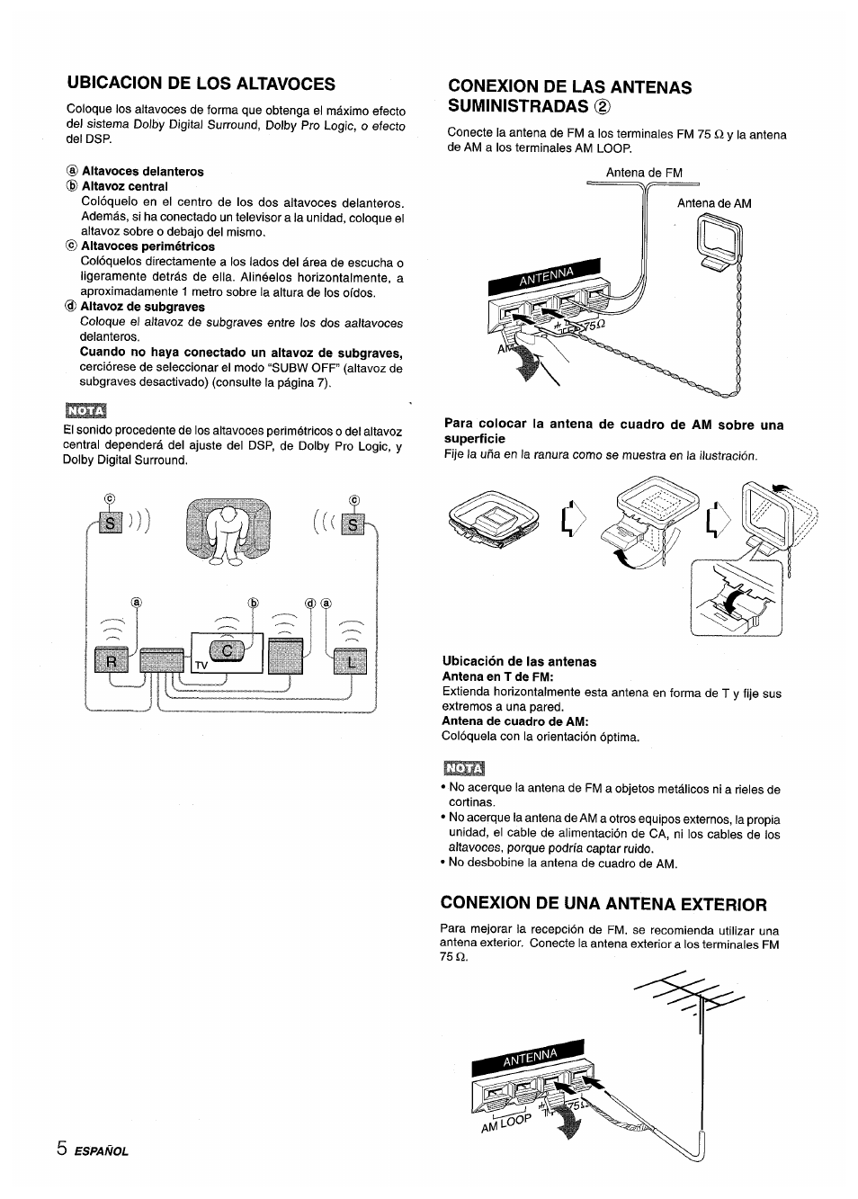 Ubicacion de los altavoces, Altavoces delanteros ® altavoz central, Conexion de las antenas suministradas (2) | Ubicación de ias antenas, Conexion de una antena exterior | Sony AV-DV75 User Manual | Page 28 / 72