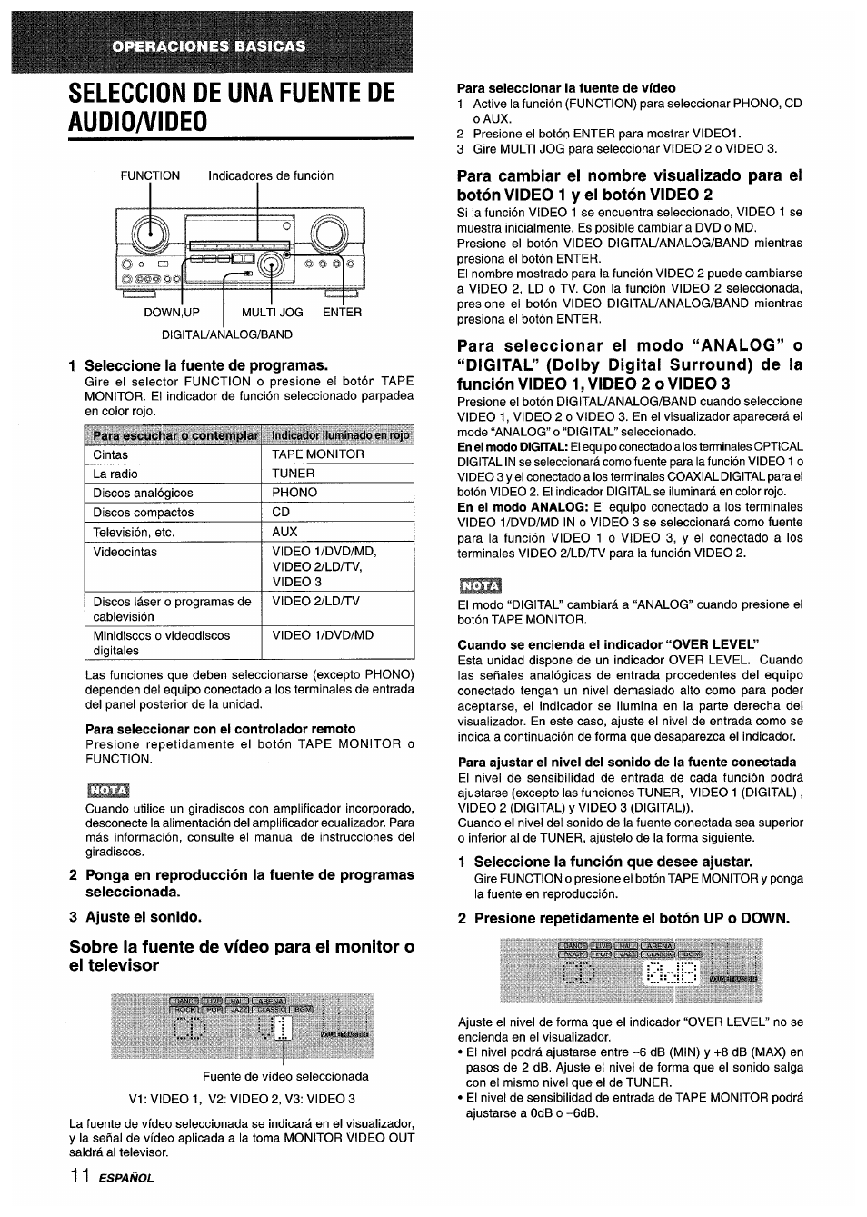 Seleccion de una fuente de audio/video, Para seleccionar con el controlador remoto, Para seleccionar la fuente de vídeo | Cuando se encienda el indicador “over level, Seleccion de una fuente de audioaíideo | Sony AV-DV75 User Manual | Page 34 / 72